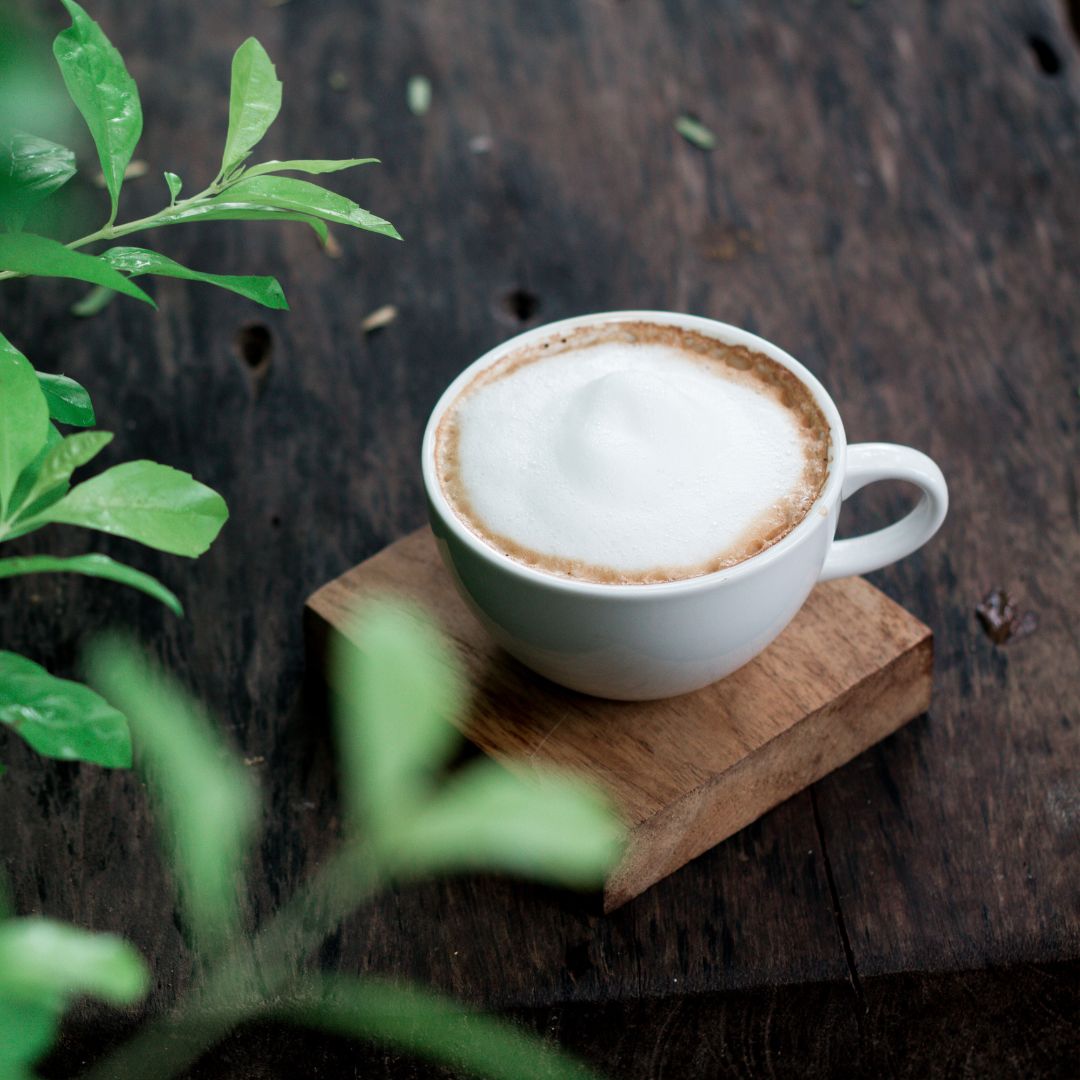 Coffee on wooden block with plants in the foreground